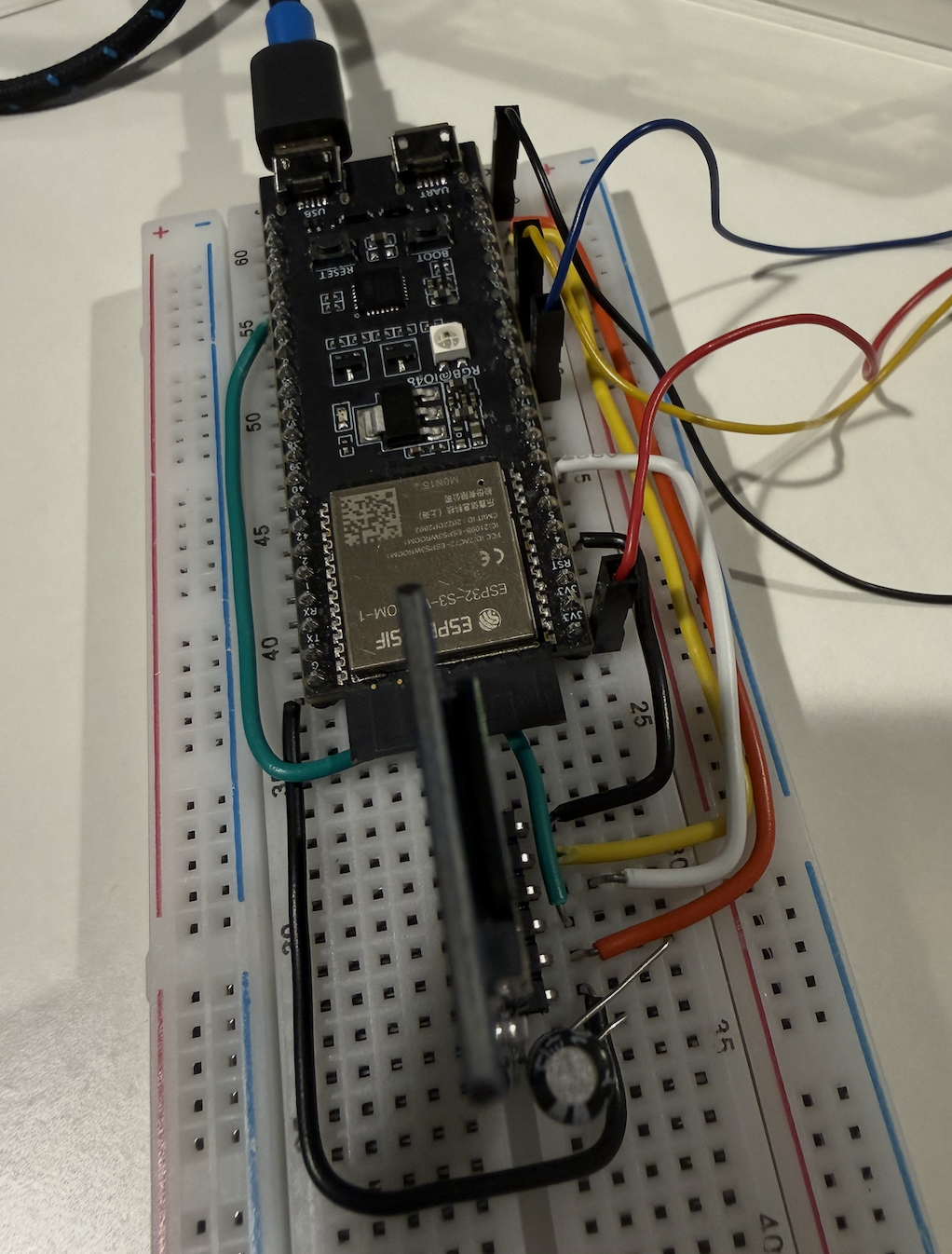 ESP32-S3 microcontroller on breadboard with sensor wiring